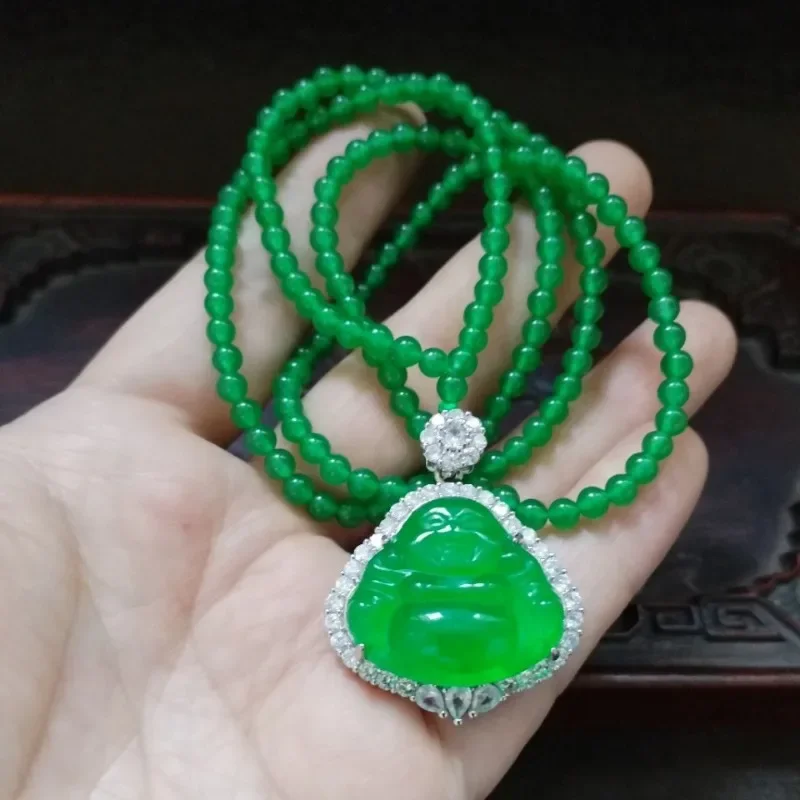 Green Jade Laughing Buddha Pendant Necklace, Silver Plated CZ Wrapped Buddha Charm with Green Bead Chain view 5