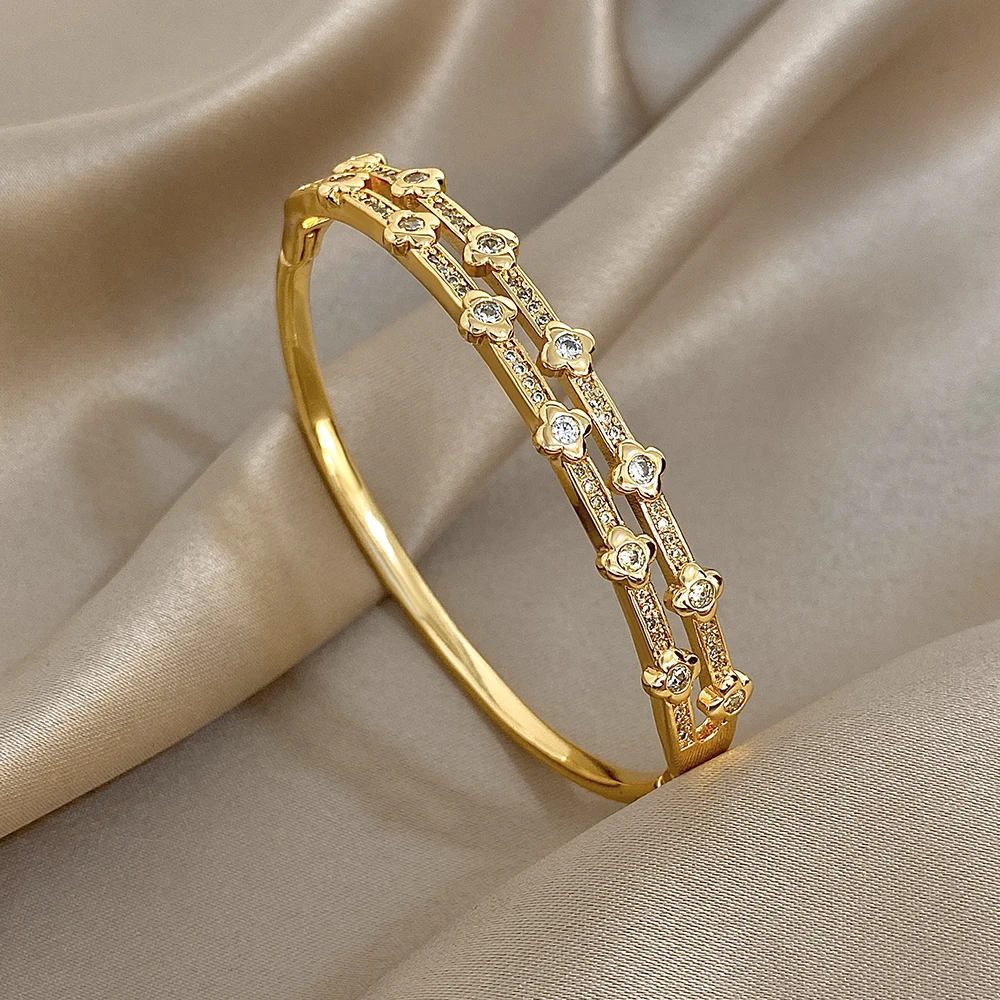 Exquisite Flower Zircon Gold Plated Bracelet for Women Double Layered Round Open Bangle Bracelet on Hand Party Jewelry Gift