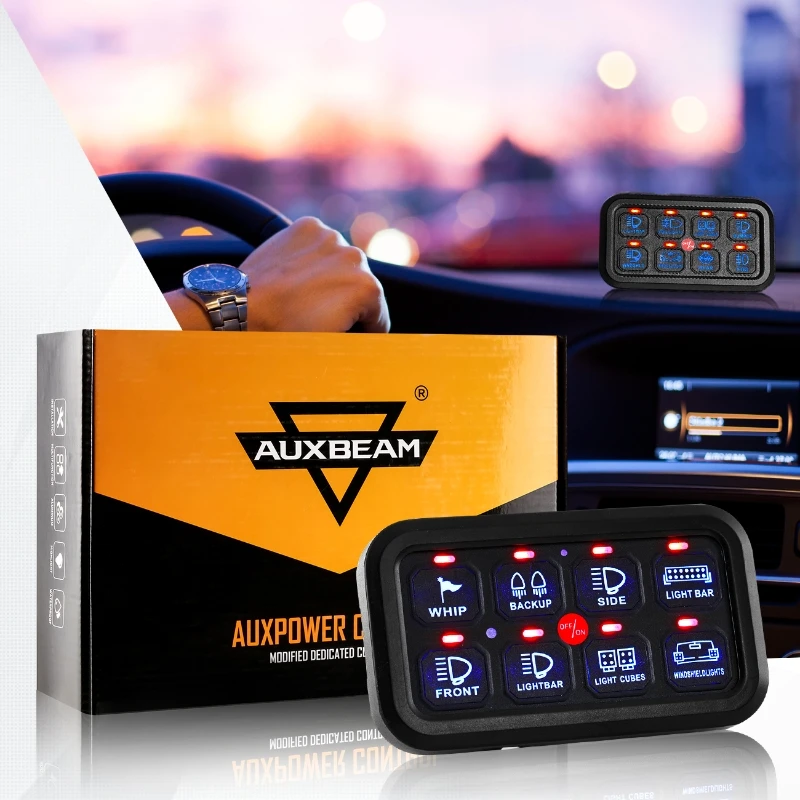 Auxbeam Universal 8 Gangs Blue Backlight on-off Control Switch Panel Kit without App Control (One-Sided Outlet/Two-Sided Outlet)