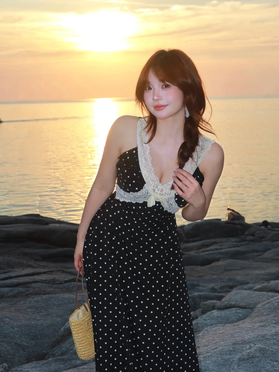 

Сексуальное кружевное платье в горошек на бретельках, летнее платье для города и путешествий, в стиле Cute Face Hero Cheese Sea Salt Cool Breeze Spring City Commute Travel