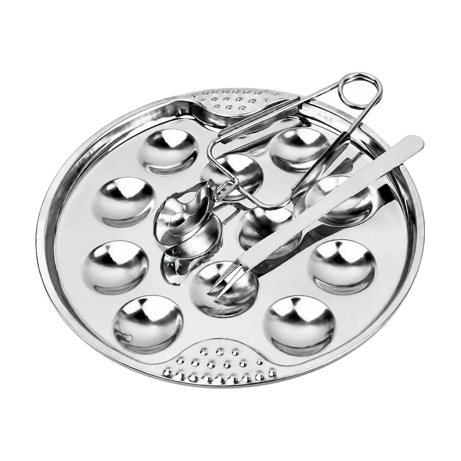 Escargot Serving Dish with Fork Tongs for Baked Shellfish Appetizer Tray Polished Steel 19cm Round Platter