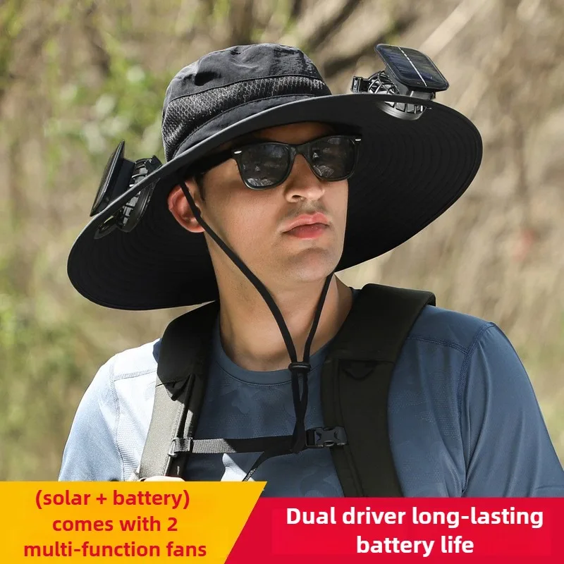 

Men's outdoor solar fan hat long battery life lithium battery with fan fishing hat sun protection bucket hat