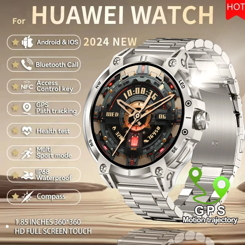 For Huawei Outdoor Sports Smart Watch Men 1.85 AMOLED Screen GPS Compass Heart Rate BP NFC Bluetooth Call Smart Watch 2024 New