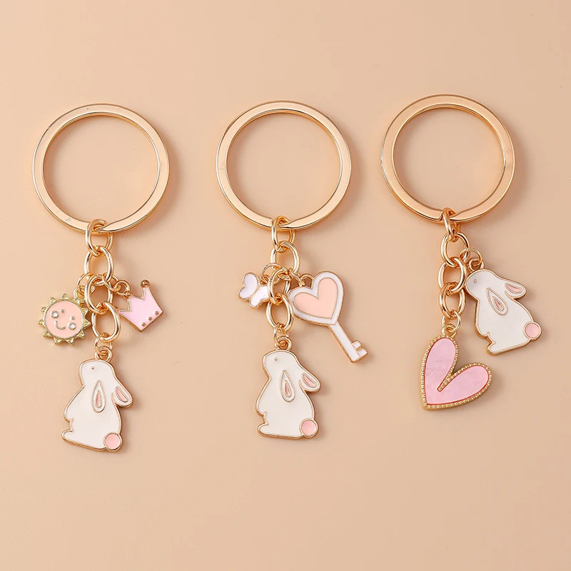 Cute Enamel Bunny Rabbit Keychain Love Heart Key Ring Pendants for Women Girls Handbag Decor DIY Jewelry Accessories