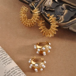 New Stainless Steel Spring Inlaid Pearl Earrings For Women Hollow Gold-plated C-shaped Irregular Earrings Jewelry