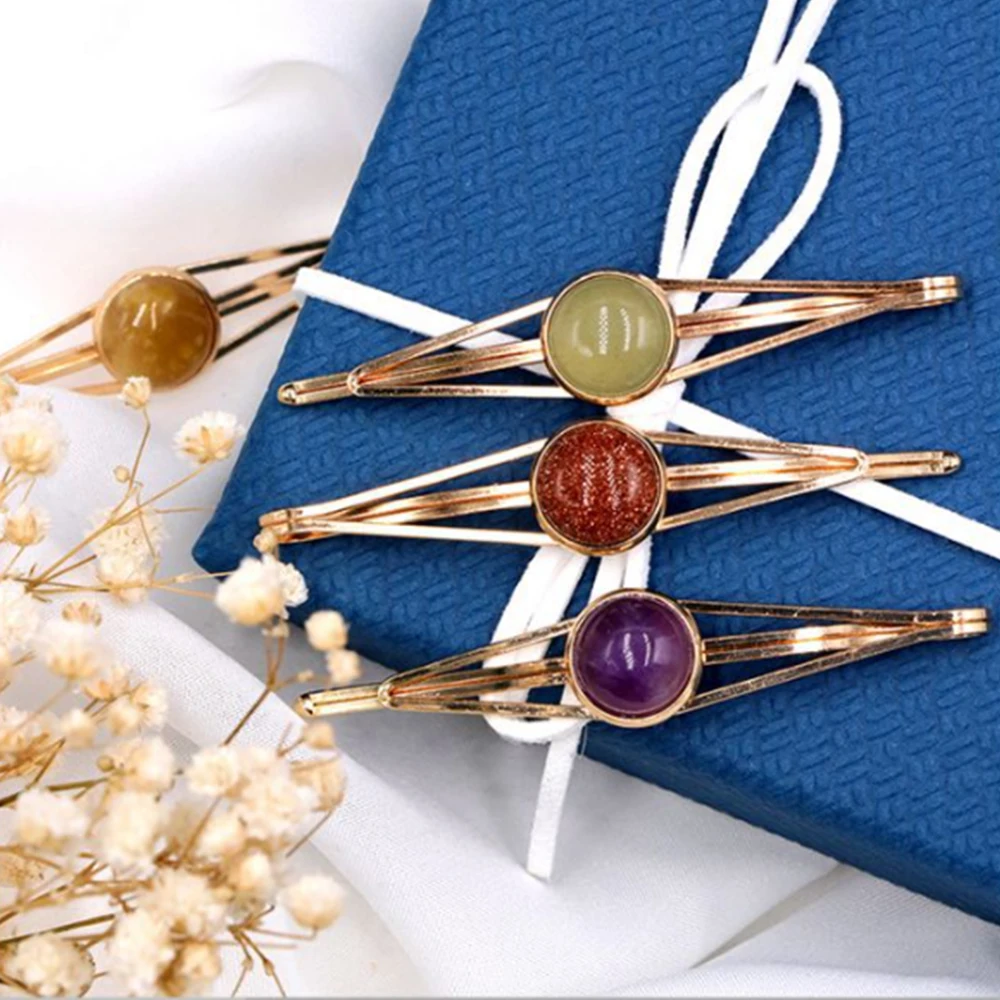 Natural Crystal Gemstone Inlaid Alloy Hair Clip Geometric BB Hairpins Women Hair Pin Clip Headwear Accessories Jewelry Gifts