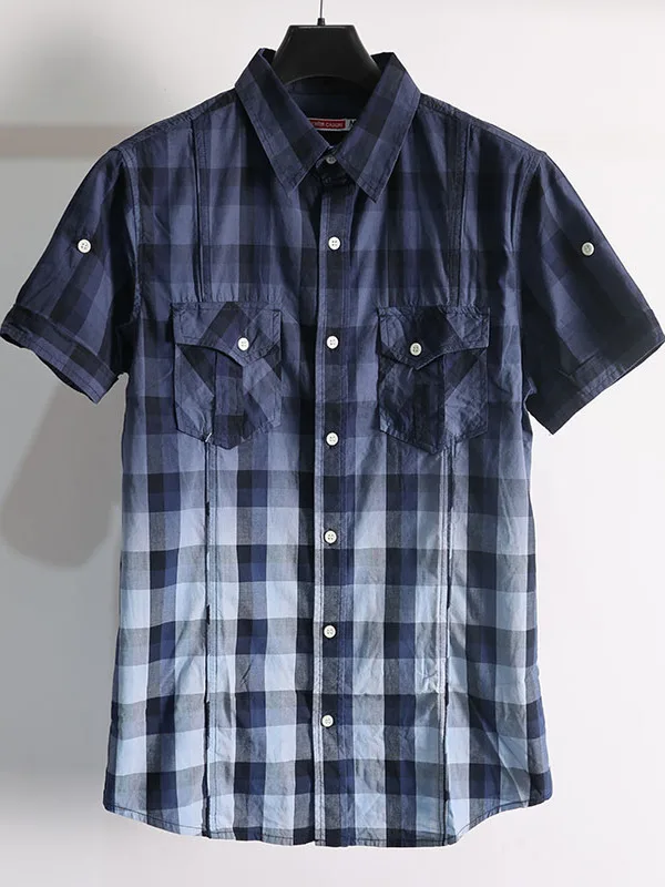 

Men's Cotton Plaid Shirt Short Sleeve Casual Loose Fit Large Size Multiple Pockets Gradient Color Lapel Casual Shirt