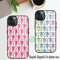 Preppy Blue Monkeys Pattern Tempered Phone Case For iPhone Magesafe Magnetic  15 Pro 11 Mini 12 13 14 Max Plus Shell