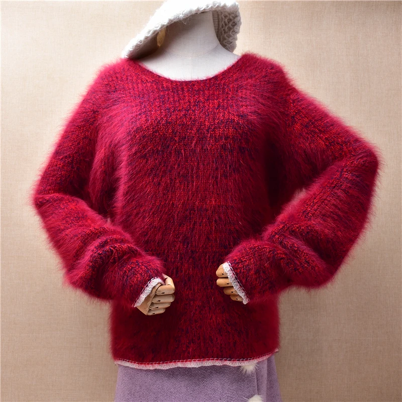 

Female Women Fall Winter Thick Warm Red Hairy Mink Cashmere Knitted O-Neck Long Sleeves Loose Pullover Sweater Angora Jumper Top