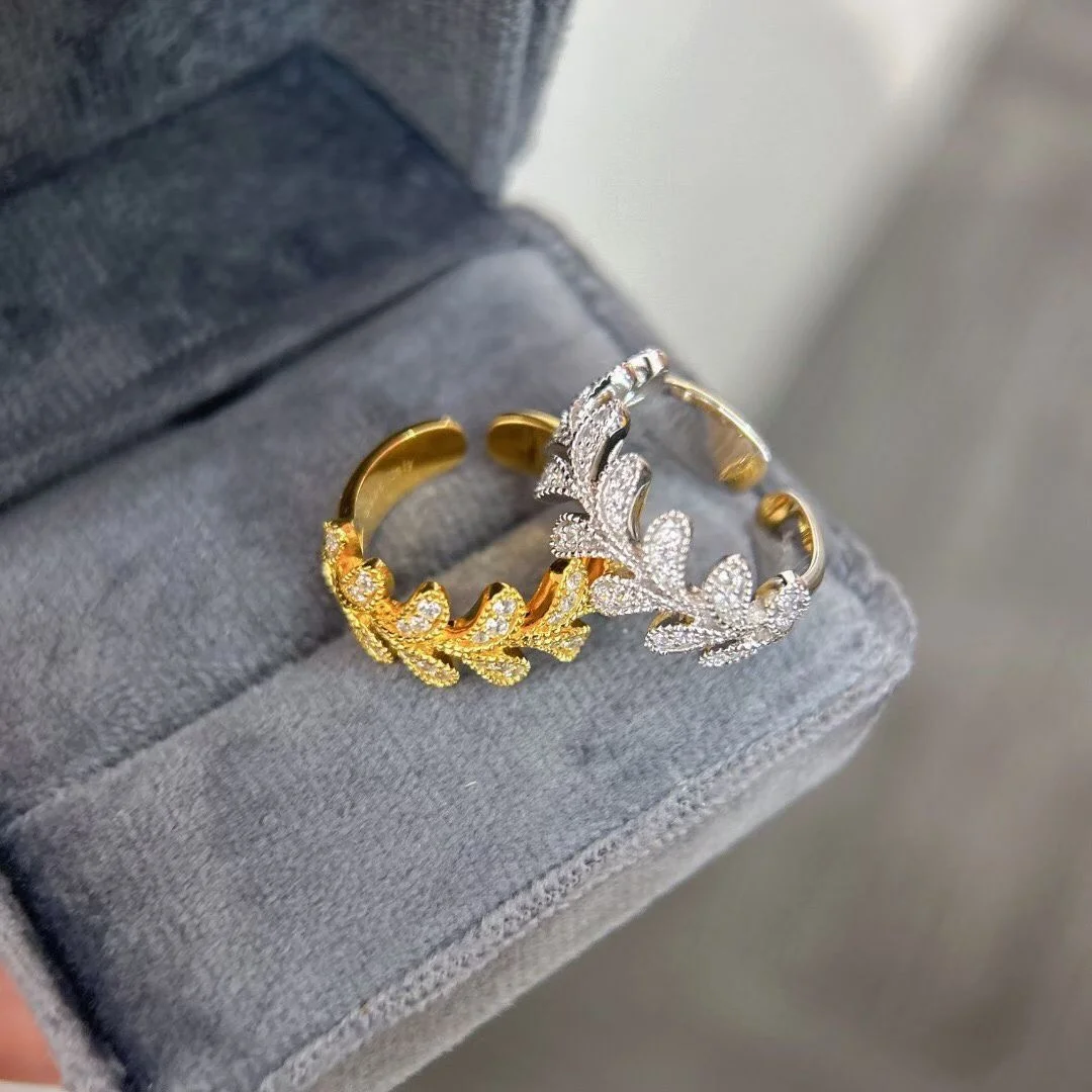 Classic 925 Sliver Full Diamond Gemstone Olive Branch Open Ring Delicate Leaf Italian Engraved Gold Craft Finger Band High Jewel