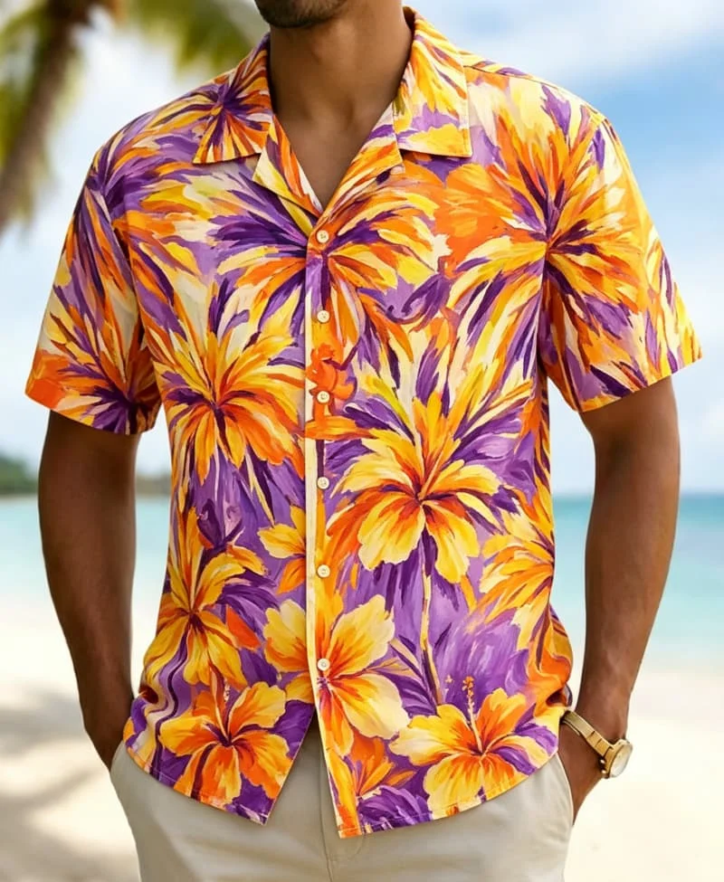 Men's tropical oil painting floral print Hawaiian shirt, for summer travel, pool parties, casual styling, and street wear