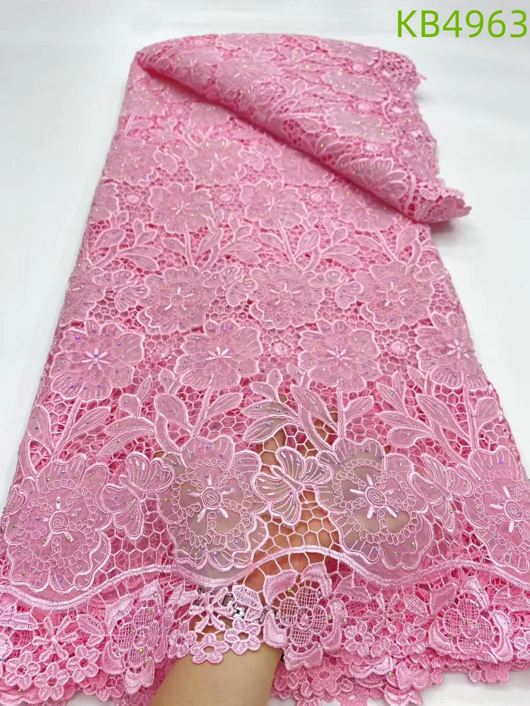 الأفريقي جبر أقمشة الدانتيل 2025 شمسيّة دانتيل عالية الجودة 5 ياردة الوردي نيجيريا الأحجار الحبل أقمشة الدانتيل لفساتين الحفلات المسائية KB4963