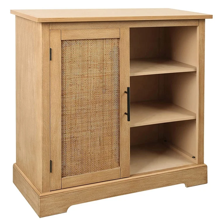 Wholesale Rustic Farmhouse Bar Console Cabinet with Rattan Door and storage shelf for Living Room