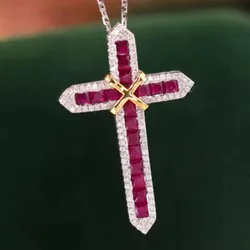 Vintage Lab Ruby Cross Pendant 925 Sterling Silver Party Wedding Pendants Necklace for Women Men Anniversary Jewelry Gift
