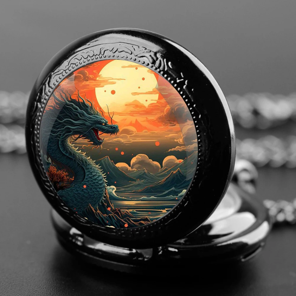 Exquisite Famous Anime Moon Dragon Pattern Quartz Pocket Watch Necklace Pendant Gifts For Women Or Man with Fob Chain