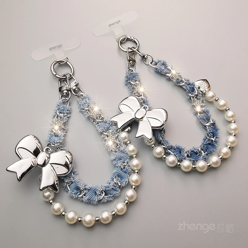 Fashionable Fragrant Denim Pearl Phone Chain Ins Women's High-end Butterfly Bow Pendant Accessory Anti Loss Hanging Rope