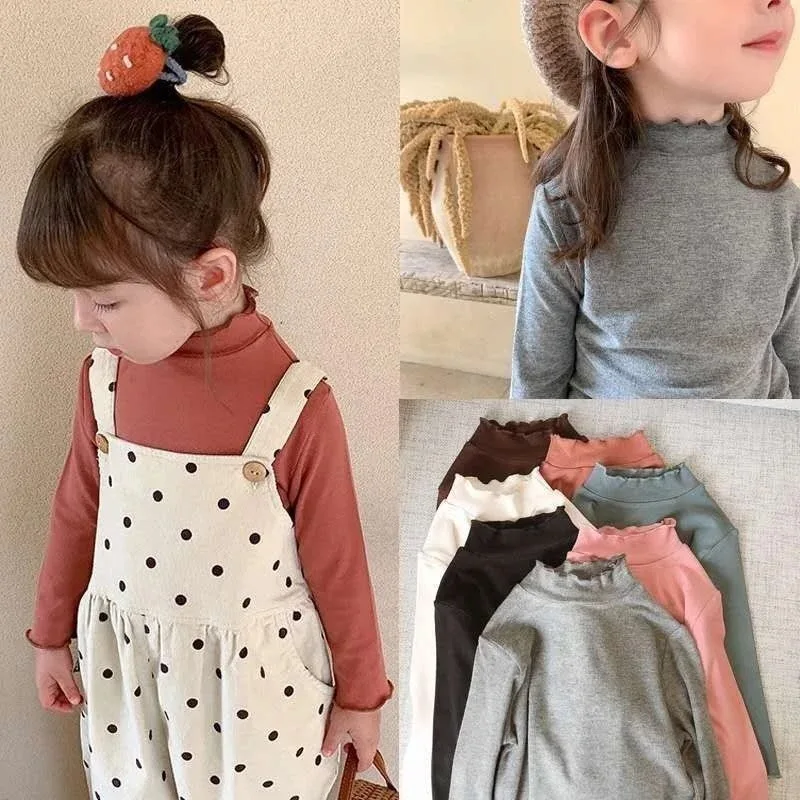 

Детская одежда для девочек, весна-осень 2024, однотонные топы, тонкие, с длинными рукавами, с высоким воротом, удобная корейская версия, модная