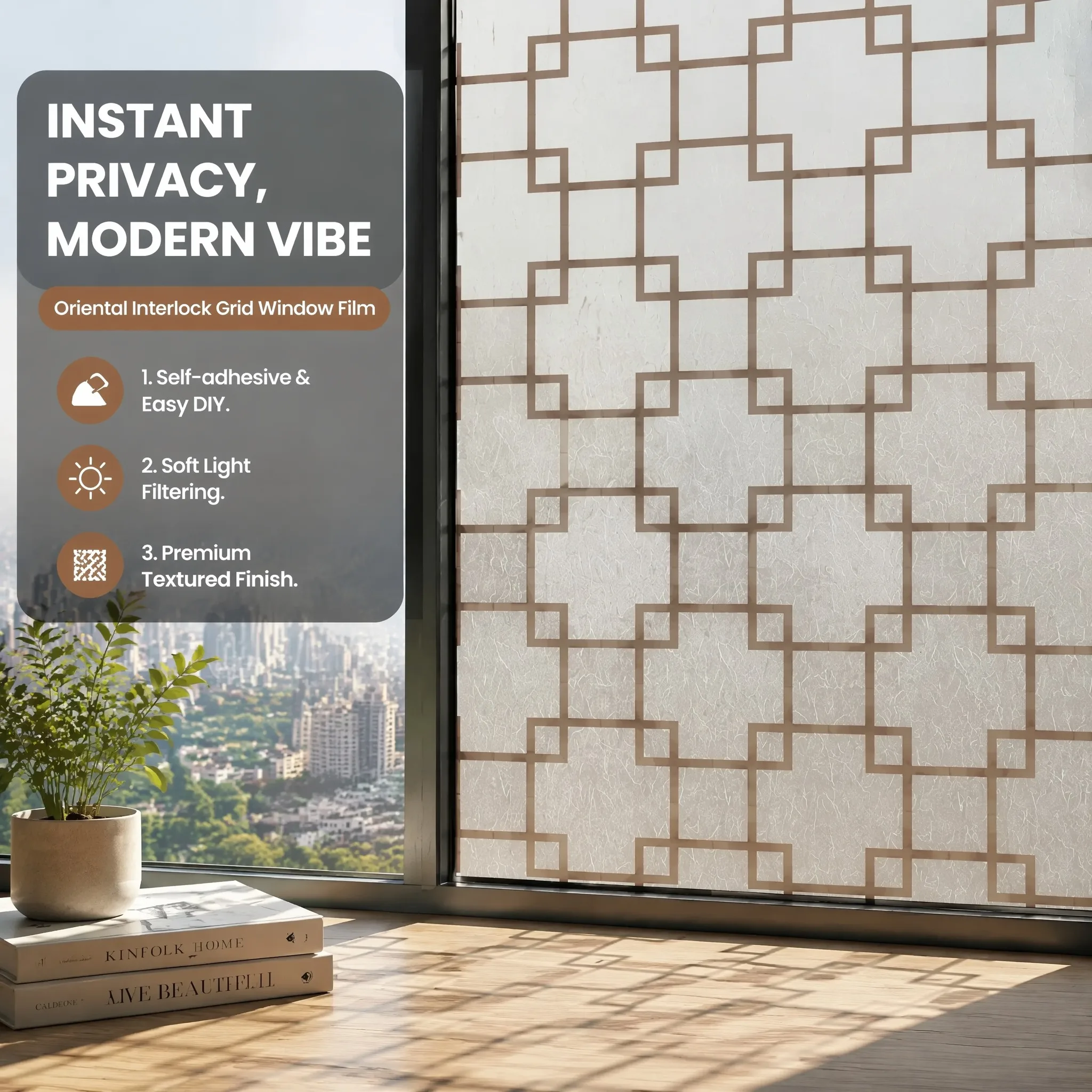 Chinese Lattice Design Privacy Screen Self-Adhesive Frosted Window Film Decorative Home Decor Film for Glass