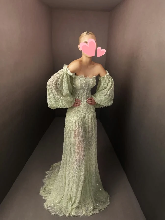 Oisslec robe élégante Vintage doux vert perles perles nouvelle dentelle personnalisé Occasion formelle robe de bal robes de soirée