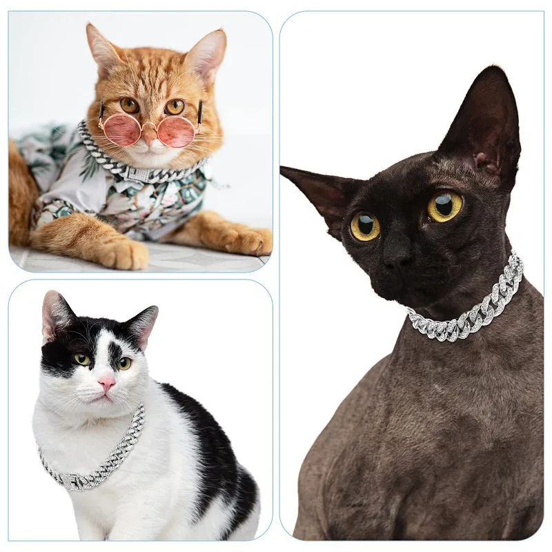 Luxury Gold Cat Necklace Jewelry Rhinestone Pet Cuban Chain Collar Kitten Doggie Wedding Prom Costume Accessories for Cats Puppy