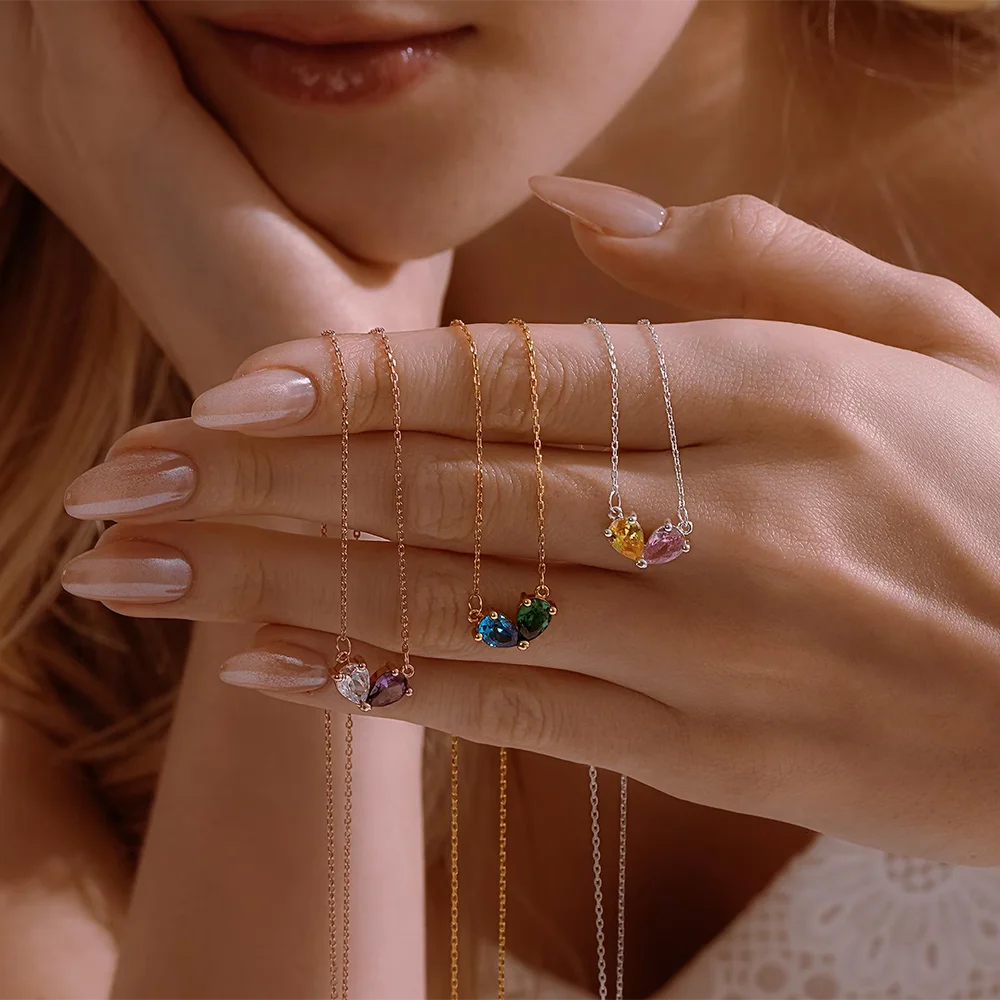 

Personalized Heart Birthstone Necklace Lovers Crystal Zircon Charm Stainless Steel Jewelry Custom Gifts For Her Christmas Gift