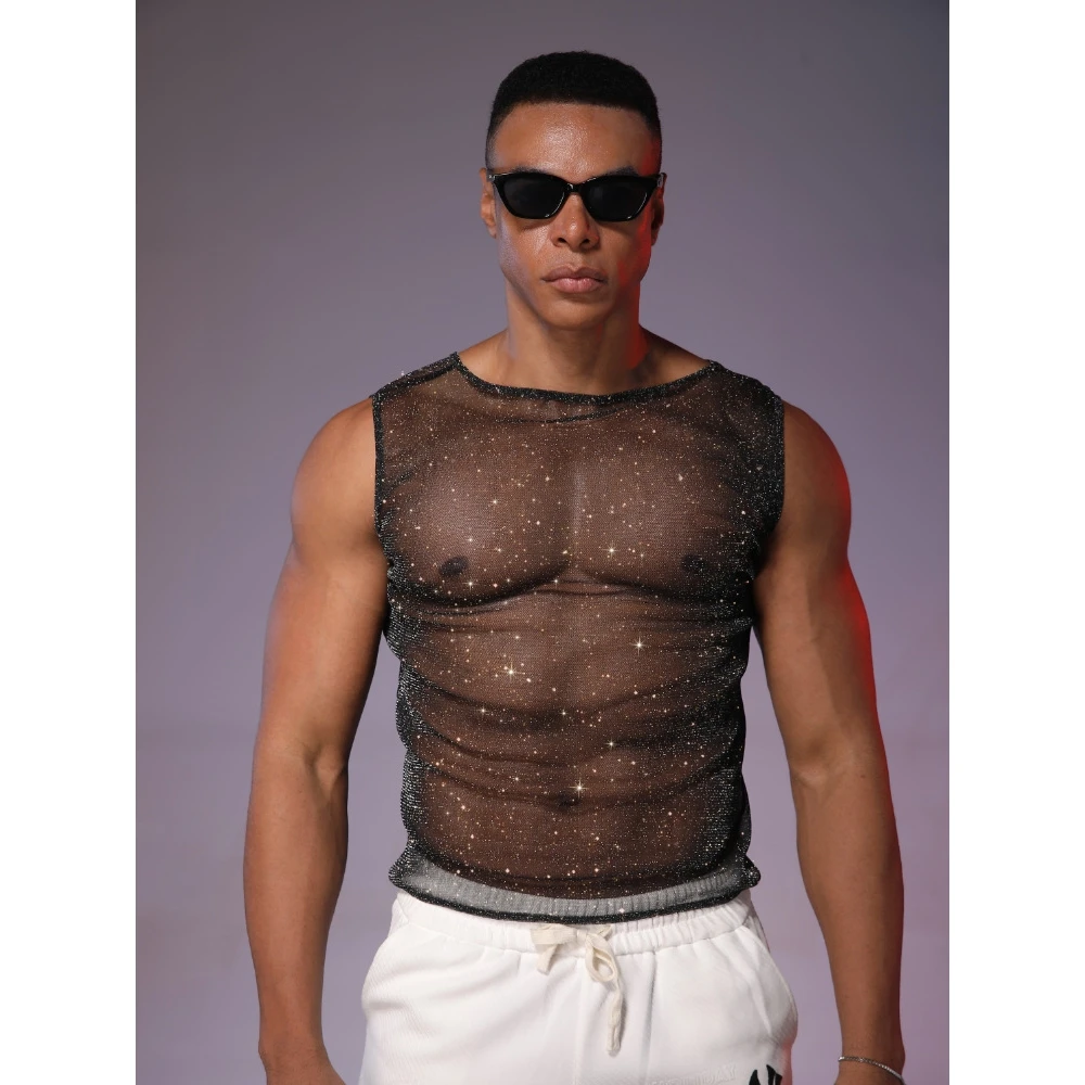 Men's Music Festival Party Vest Silver Thread Shiny Top Club Party See-through Top Loose Fit Ice Silk Summer Outerwear