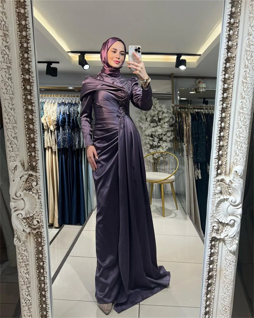 Sansa Purple Satin فساتين سهرة Pleats Modest Mermaid Prom Dresses Elegant Long Sleeves Floor-Length Long Train Saudi Arabia 2024