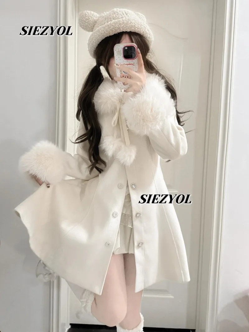 Winter New French Style Milk White Long Coat High Waist Sweet Cute Gentle Fluffy Thickened Single Breasted Woolen Overcoat