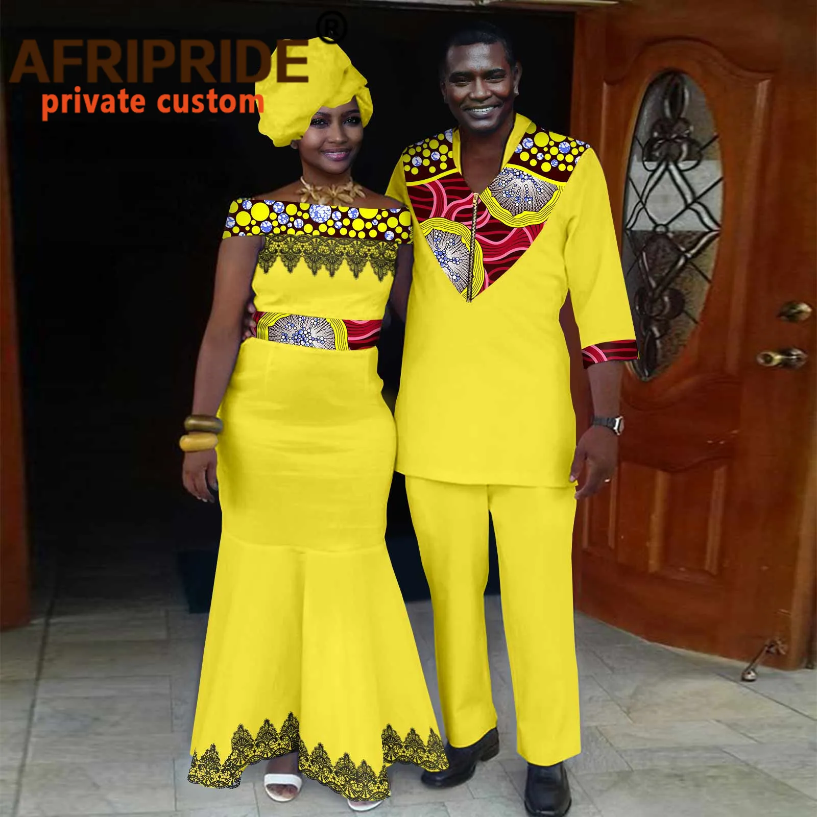 

African Clothes for Couple Clothing African Dresses for Women with Headscarf Men`s Tracksuit Dashiki Top and Pants Set A21C002