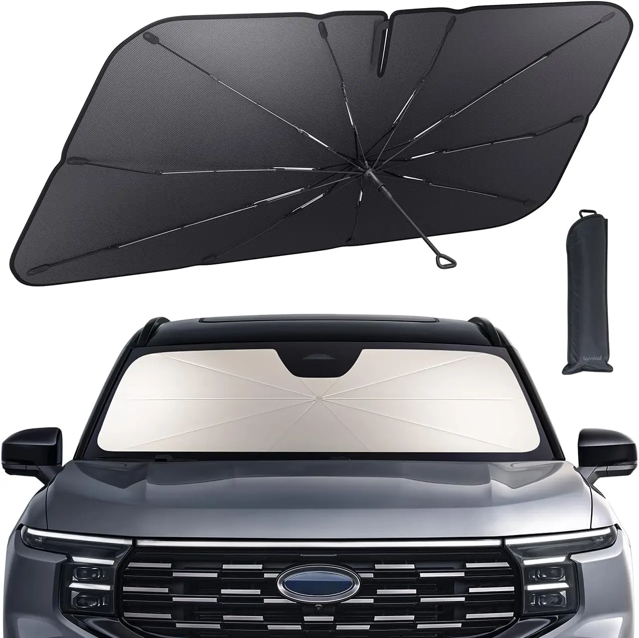 Car Windshield Sunshade Umbrella – 5-Layer UV Block, 10-Rib Fiberglass Frame for Heat Insulation, 64
