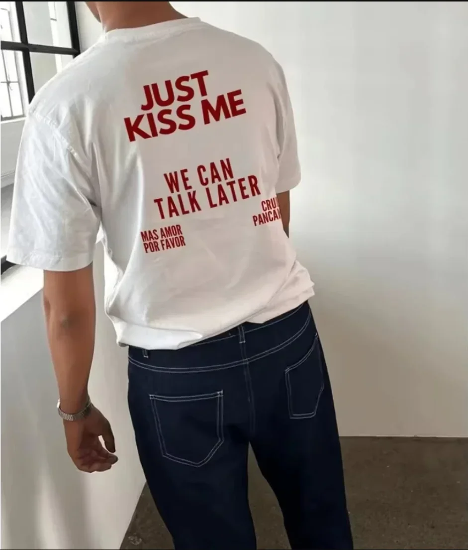 Skuggnas Just Kiss Me Funny Graphic Cotton T-Shirt Positive Shirt Gift for Women and Men Casual Tops Summer Fashion Tshirts Tee