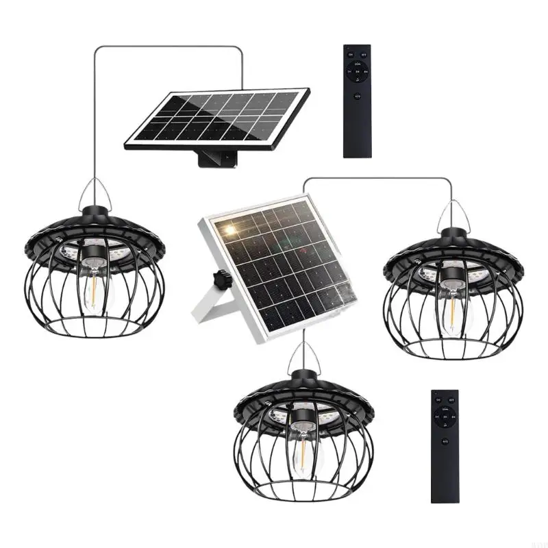 Solar Hanging Outdoor Lamp with Remote Control, Cool White LED, Metal Cage Shade and External Panel for Patio Porch Yard M4YD