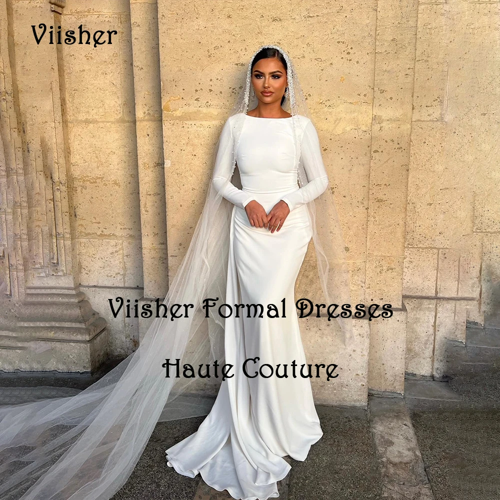 

Viisher White Mermaid Wedding Dresses for Bride Long Sleeve O Neck Bride Dress with Train Simple Civil Beach Bridal Gowns