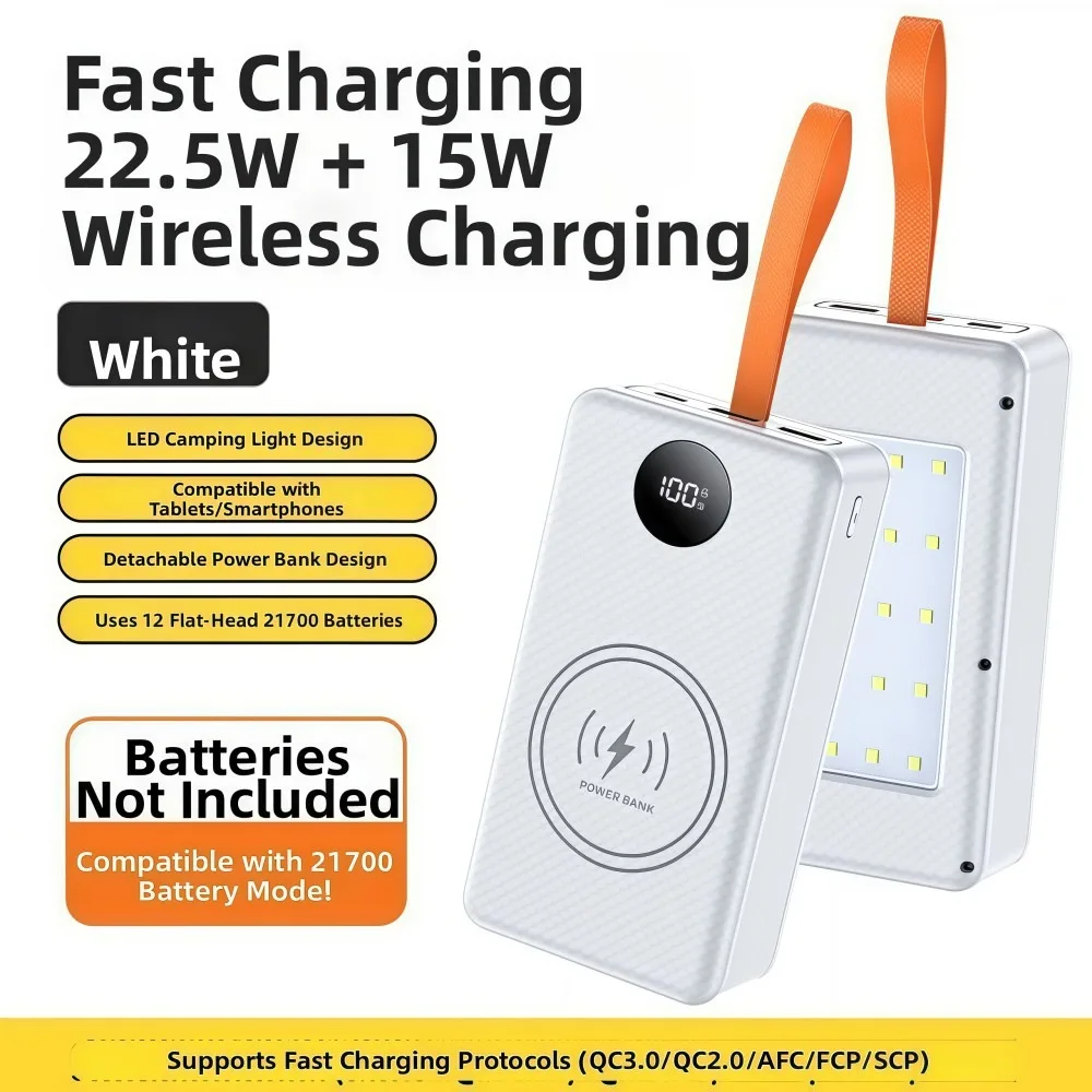 PD 22.5W/Cordless 15W 12*21700 Power Bank Case Fast Charging Dual USB Battery Box Holder with Camping Lights Type-C Charge