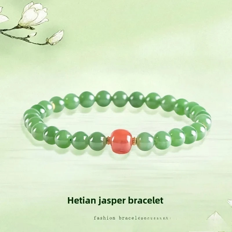 Natural Genuine Hetian Jasper Beeswax Bracelet 6mm Green Round Beads Women's Stretch Rope String Fashion High Grade Jewelry