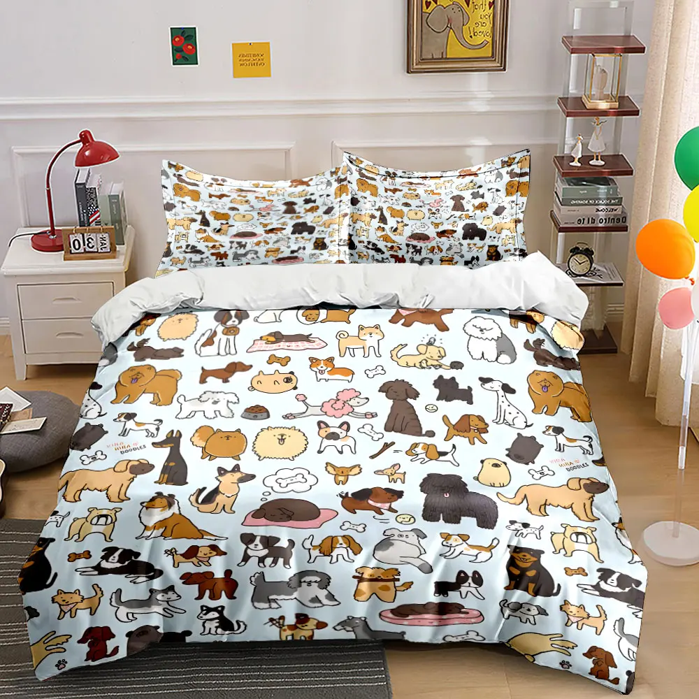 Cute Dog Illustrations Collection Printed Duvet Cover Set 1 Duvet Cover+2 Pillowcase Multi Size Bedroom Bedding Decor