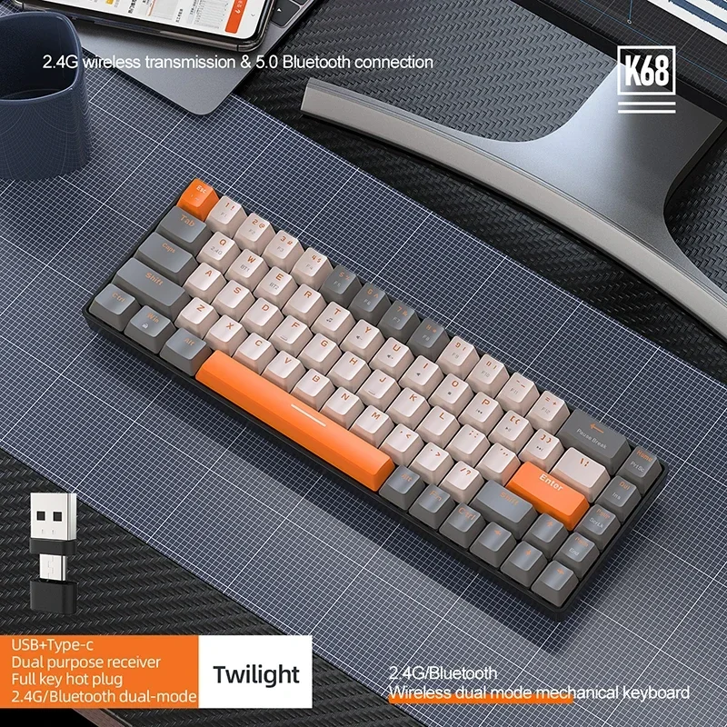 K68 2.4G/BT5.0 Teclado mecânico para jogos sem fio 68 teclas Hotswap Mini teclado mecânico para jogos PBT Keycaps