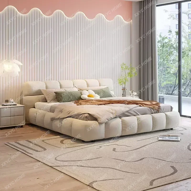 A Square Fabric Bed Designer Model Nordic 1.8 M Double Cream Style Bed in Master Bedroom