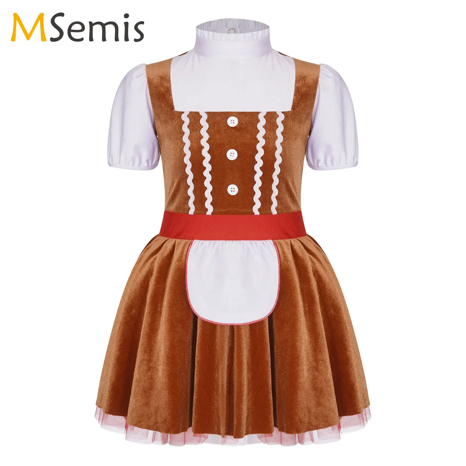 Kid Girl Christmas Gingerbread Man Costume Short Sleeve Velvet Tutu Dress Bodysuit for Halloween Dress Up Party Ballet Dancewear