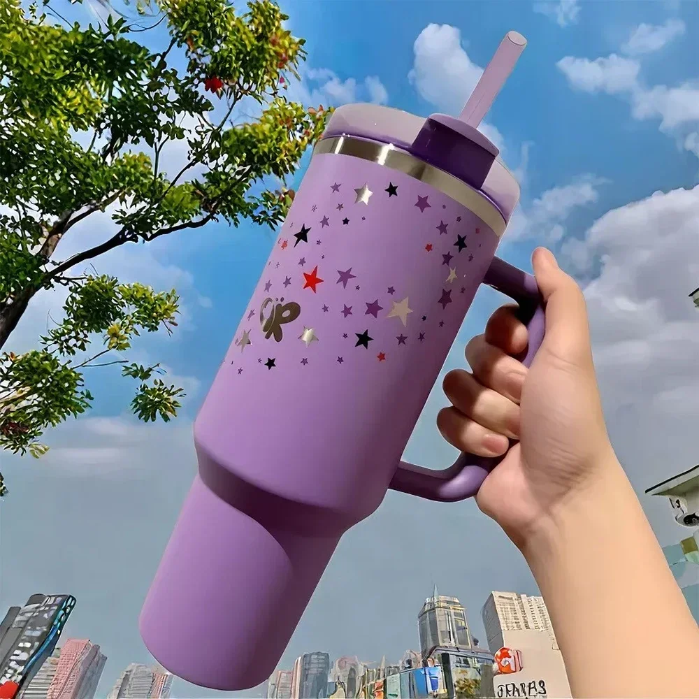 MINISO Purple Stars 40oz Cup Tumbler with Lid Straw Stainless Steel Vacuum Cups Travel Car Mug Large Capacity Water Bottle