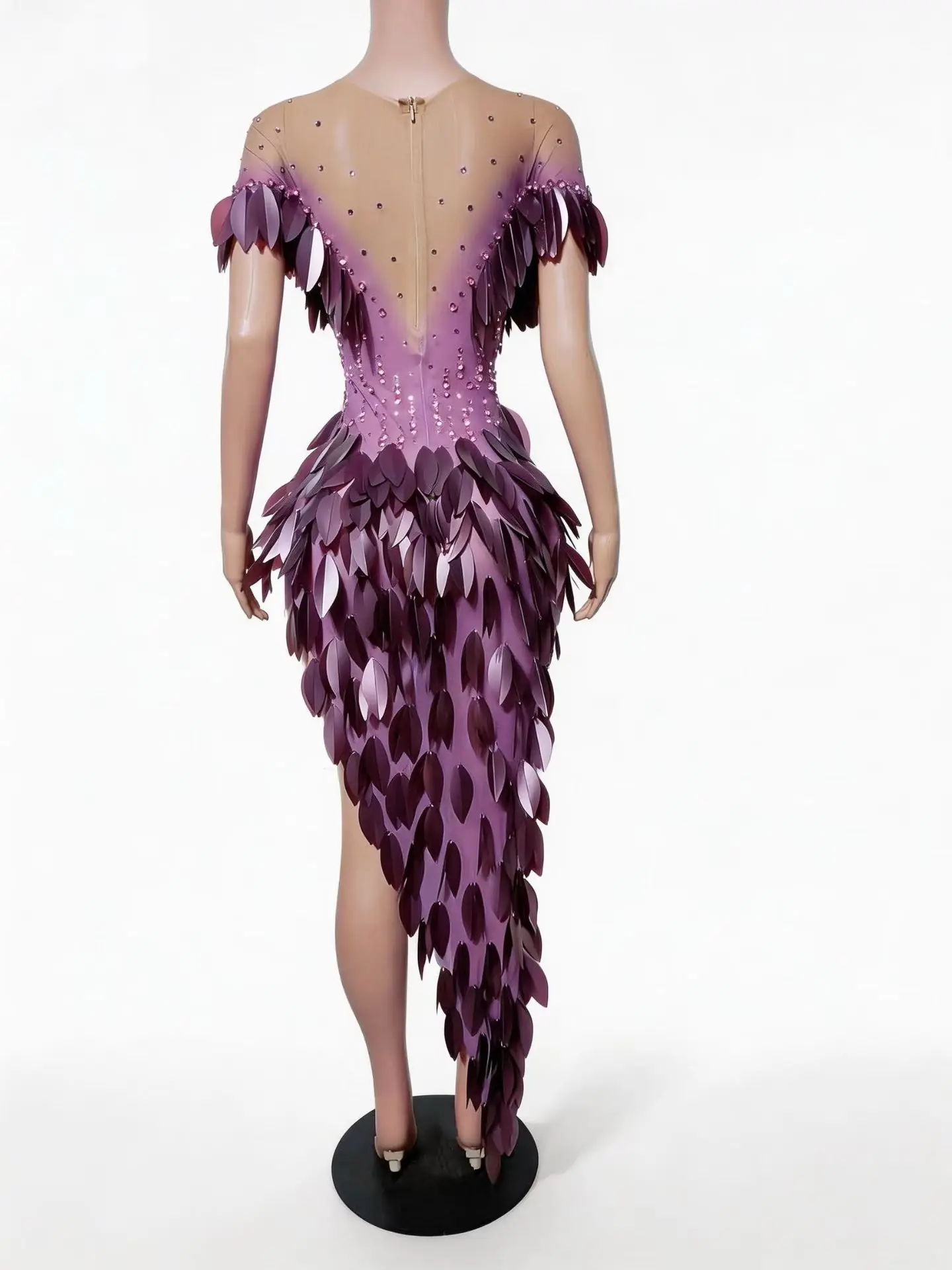Chanmian Elegant Women Slit Dress Sexy See Through Mesh Feather Long Dress Bar Stage Performance Costume Birthday Cocktail Dress