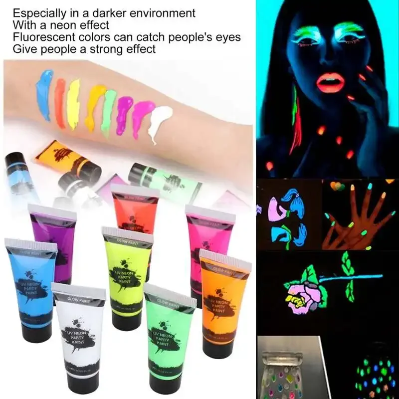 8 unids/lote 10g pintura de arte corporal fluorescente fiesta maquillaje de Halloween Cosplay luz de carne niños cara shied color pintura brillante UV al por mayor