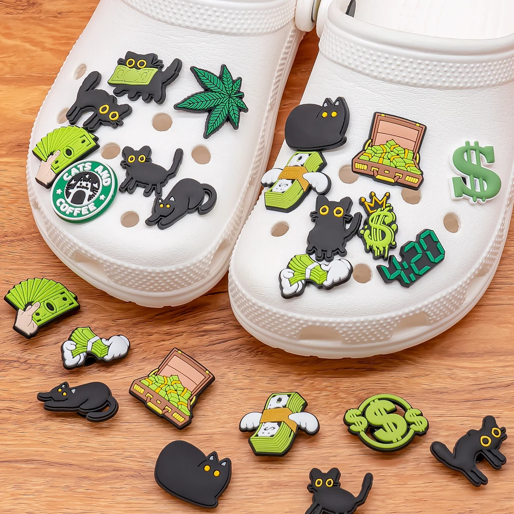 1pcs PVC Cats Charms for Clog Buckle Dollar Leaf Shoe Decorations Clips Accessories for Men Kids Favor Gifts Fit Wristband Gift