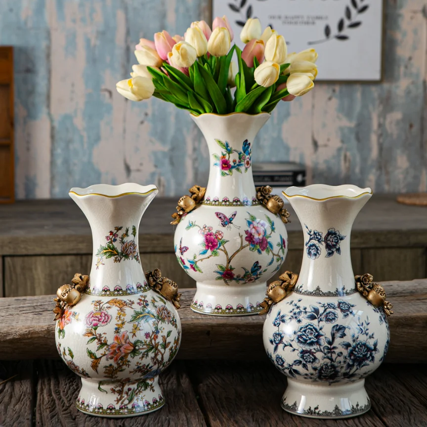 

Blue and white ceramic vase decoration, living room home decor, soft decoration, American retro flower vase, handicrafts