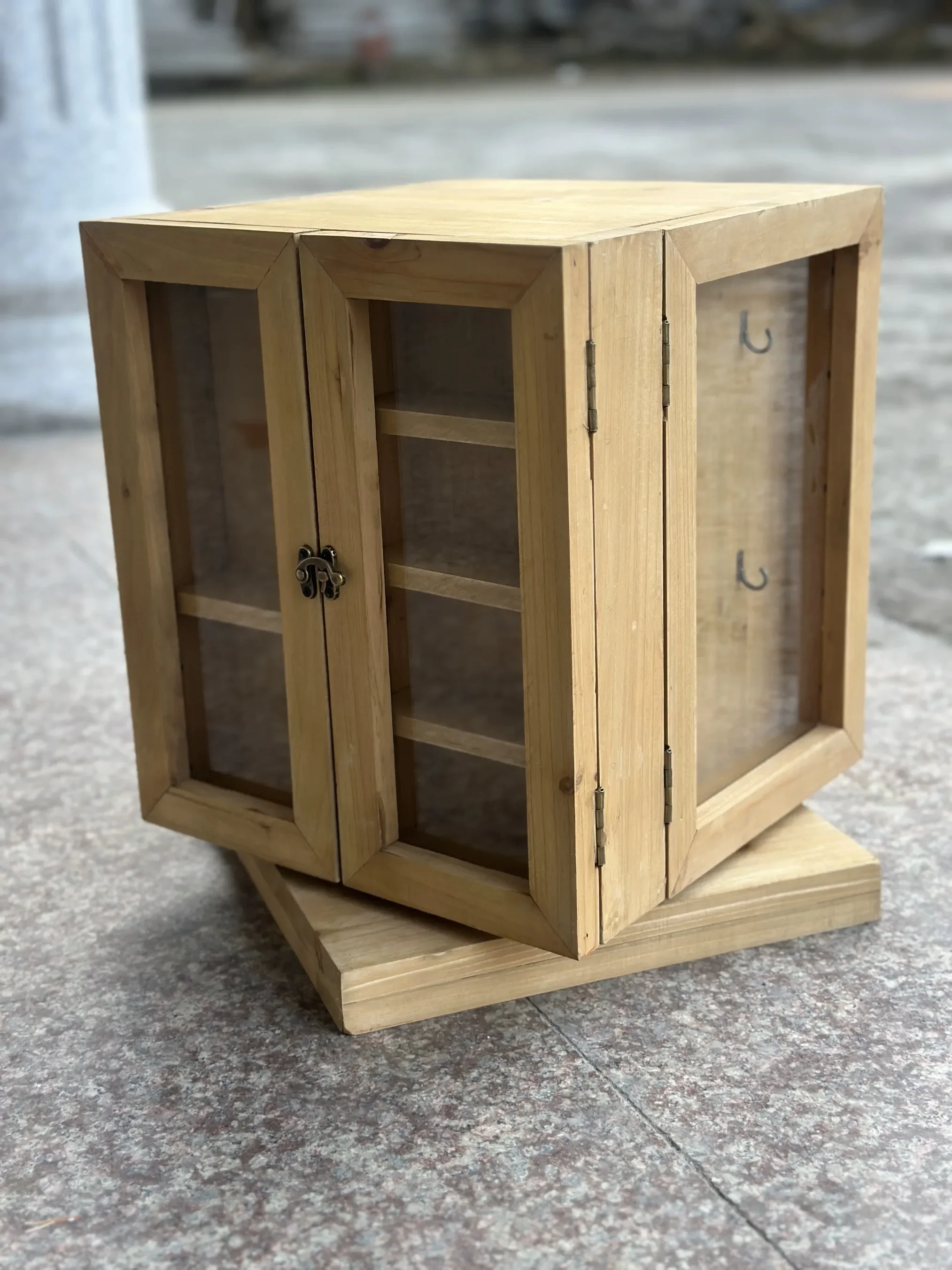Wooden Jewelry Box Organizer, Natural Wood, Rotating 4-Sided Storage Cabinet with Drawers, Hooks and Compartments, 11.8x11.8x15