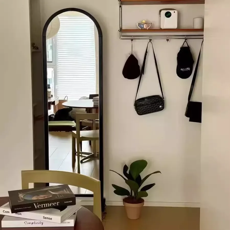 DSA medium retro style solid wood full body full-length mirror movable floor rotating bookshelf magazine integrated French