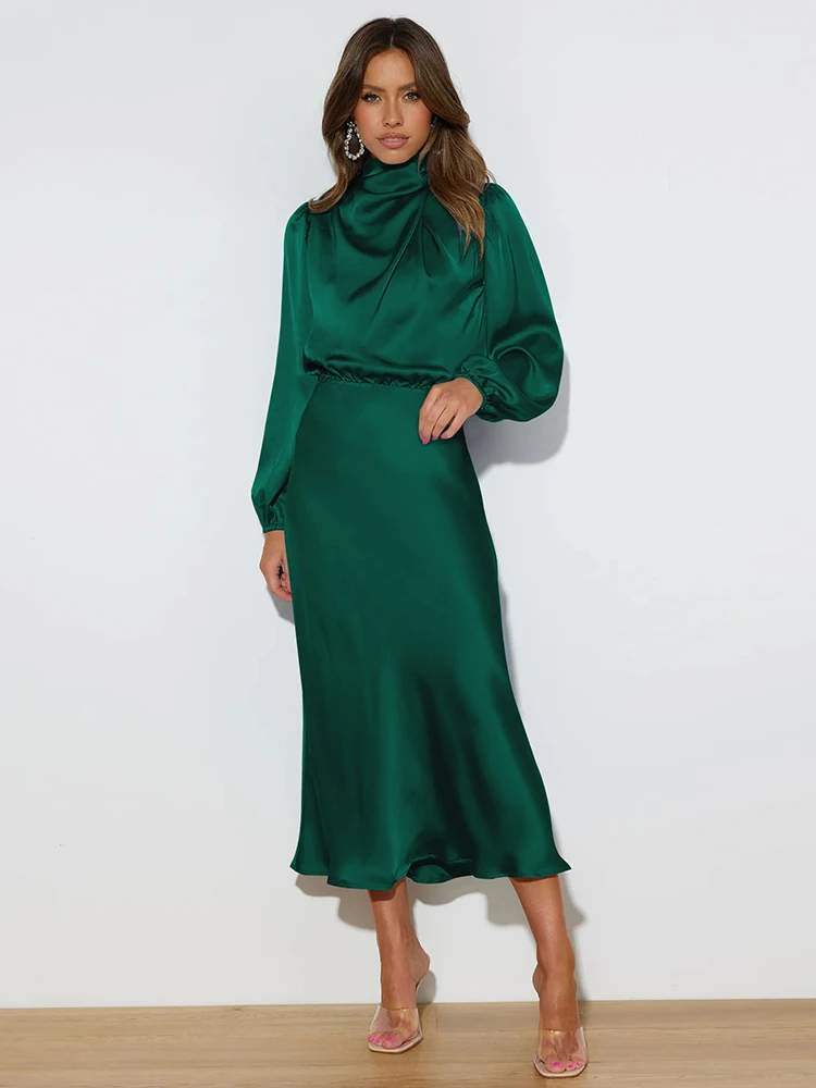 Spring Summer New High-End Satin Long Sleeved Dress Women's Ladylike Elegant Evening Dress Party Clothes Celebrity Dresses