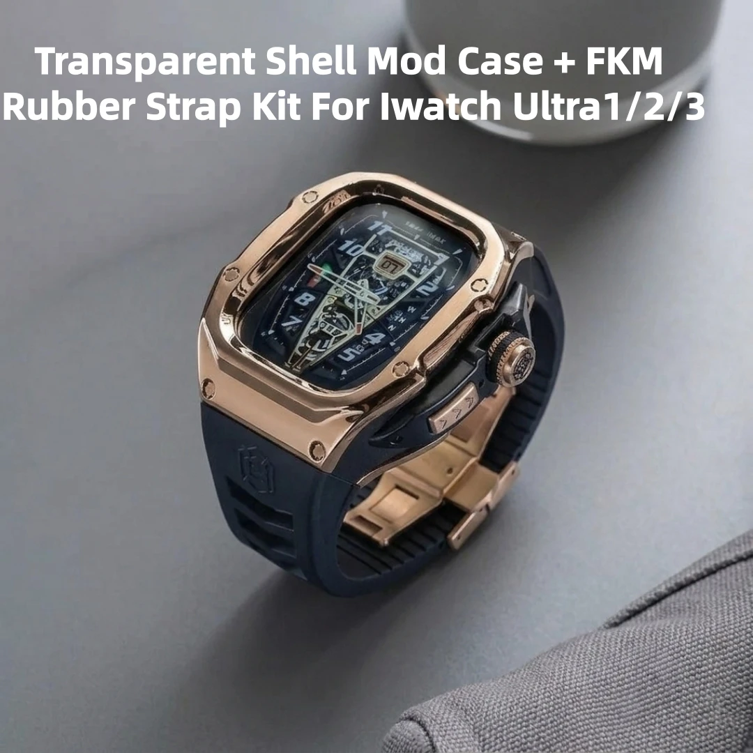 Fit For Apple Watch Ultra 1 Ultra 2 Ultra 3 FKM Watch Strap And Transparent Shell Mod Case Kit With 46mm 49mm For Iwatch