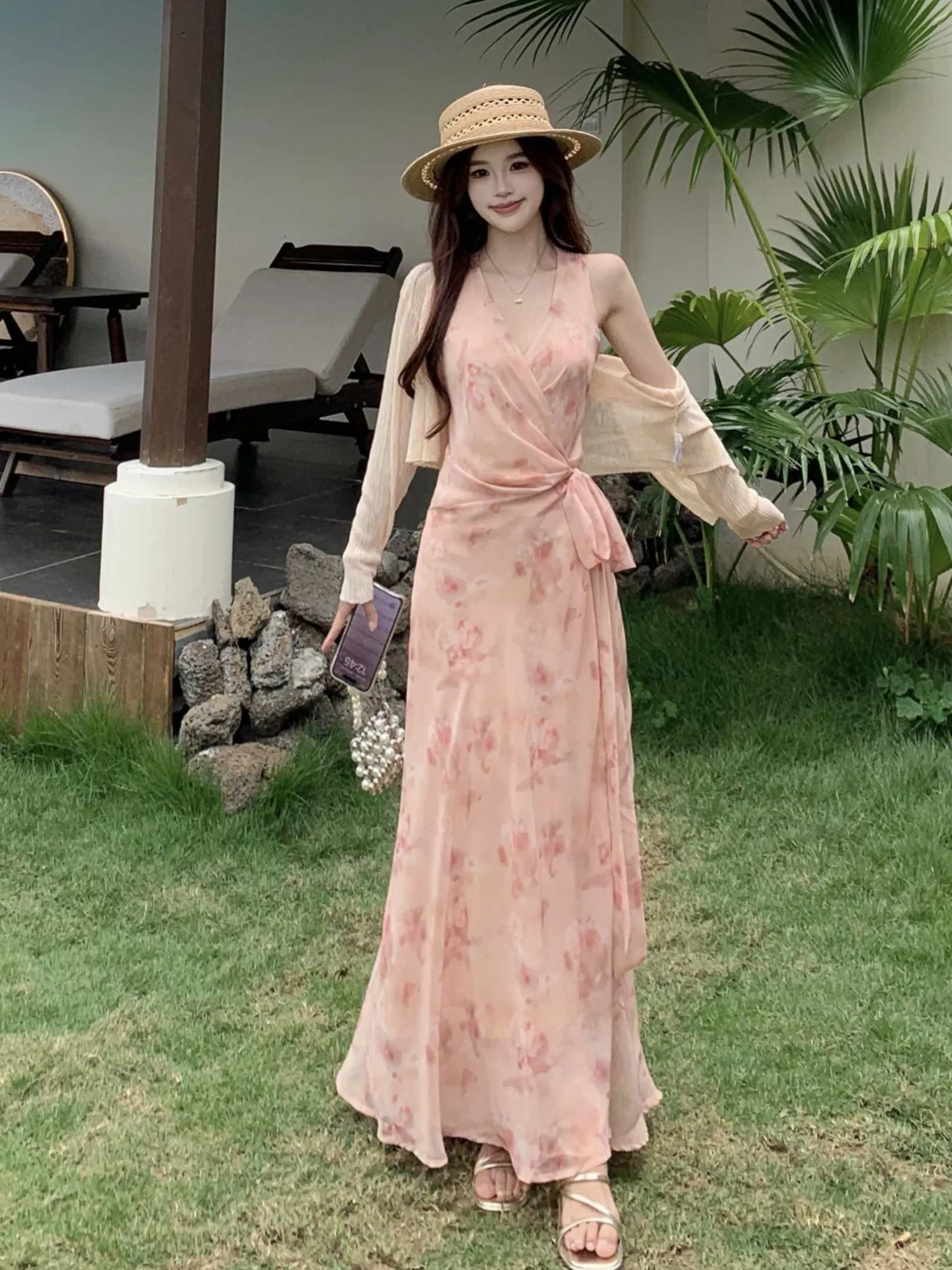 

plus Size Summer Floral Print Dress with V-Neck And Sash Korean Style Commute High Waist Long Skirt Two-Piece Set Fashionable