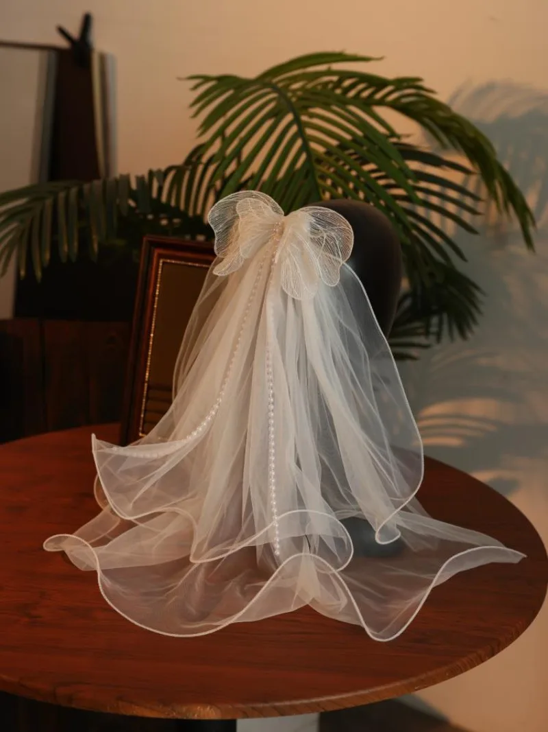 الأميرة نمط القوس الحجاب غطاء الرأس بسيط قصير اكسسوارات الزفاف الزفاف #5